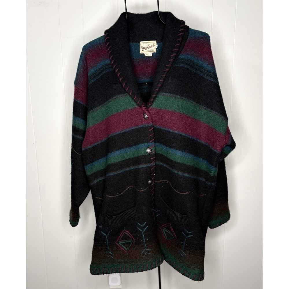 Vintage Woolrich Women's L Jacket Coat 100% Wool Northern Lights Buttons Black